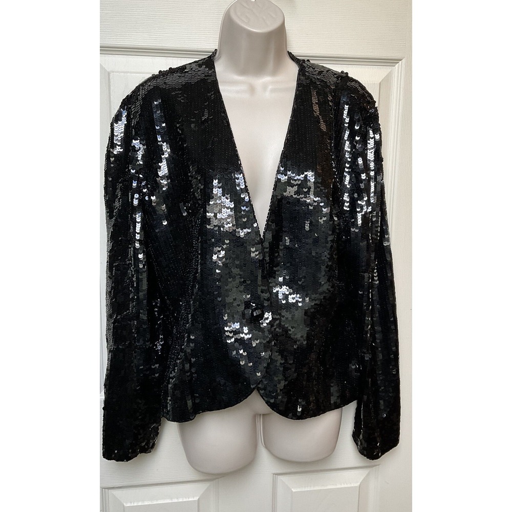 Vintage Black Sequin Blazer Jacket Single Button V-Neck Evening Party Shimmer - Picture 2 of 16